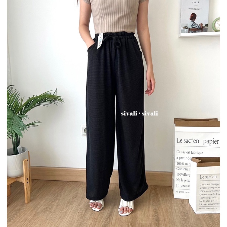 SIVALI Feya Pants - Celana Kulot Waffle Pinggang Karet Wide Leg Cullote 0279