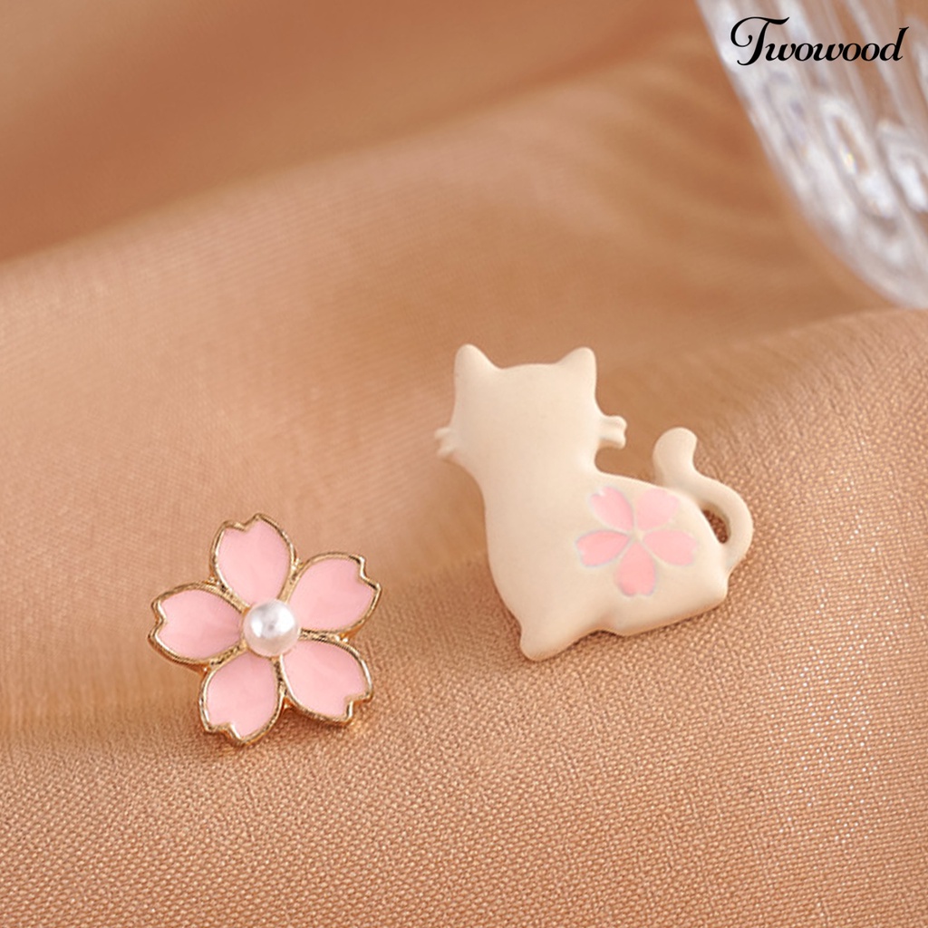 Twowood 1 Pair White Cat Pink Flower Women Earrings Alloy Faux Pearl Asymmetric Stud Earrings Jewelry Accessory