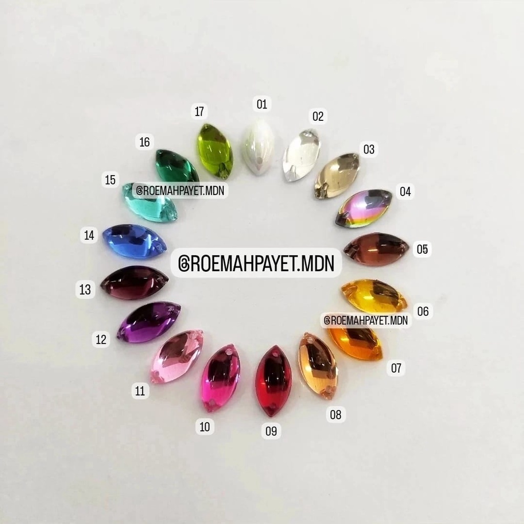 (GRADE A) BATU / PAYET AKRILIK / PAYET KRISTAL JAHIT / RESIN TAIWAN : RUNCING / PADI / MATA / SAMPAN