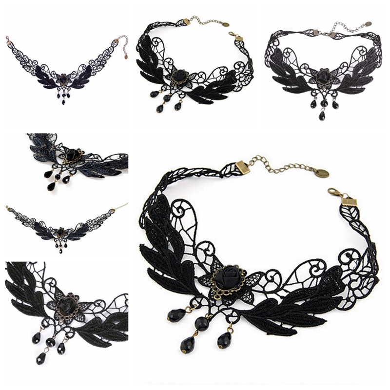 Kalung Choker Bahan Lace Warna Hitam Dengan Manik-Manik Mawar