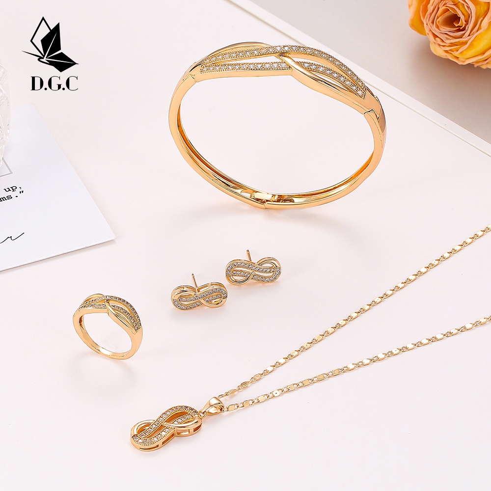 D.G.C COD Dewasa Titanium Lapis Emas Set Perhiasan Titanium Anti Karat Anting Korea Kalung Wanita Gelang Tangan Wanita Cincin