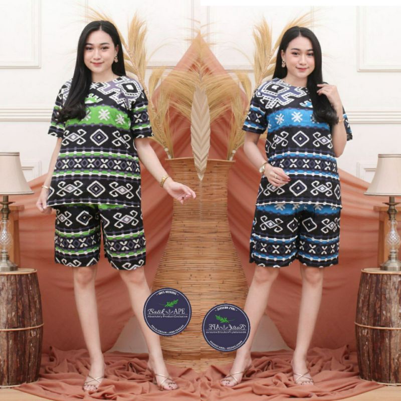 SET SETELAN BLOUSE LENGAN PENDEK CELANA PENDEK BATIK MOTIF SONGKET TENUN PRINT MODERN MURAH