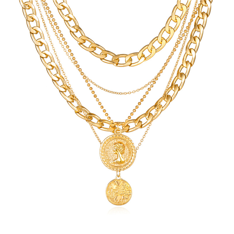 Kalung Rantai Multilayer Tebal 17km Warna Gold Silver Gaya Korea Retro Untuk Aksesoris Perhiasan-17