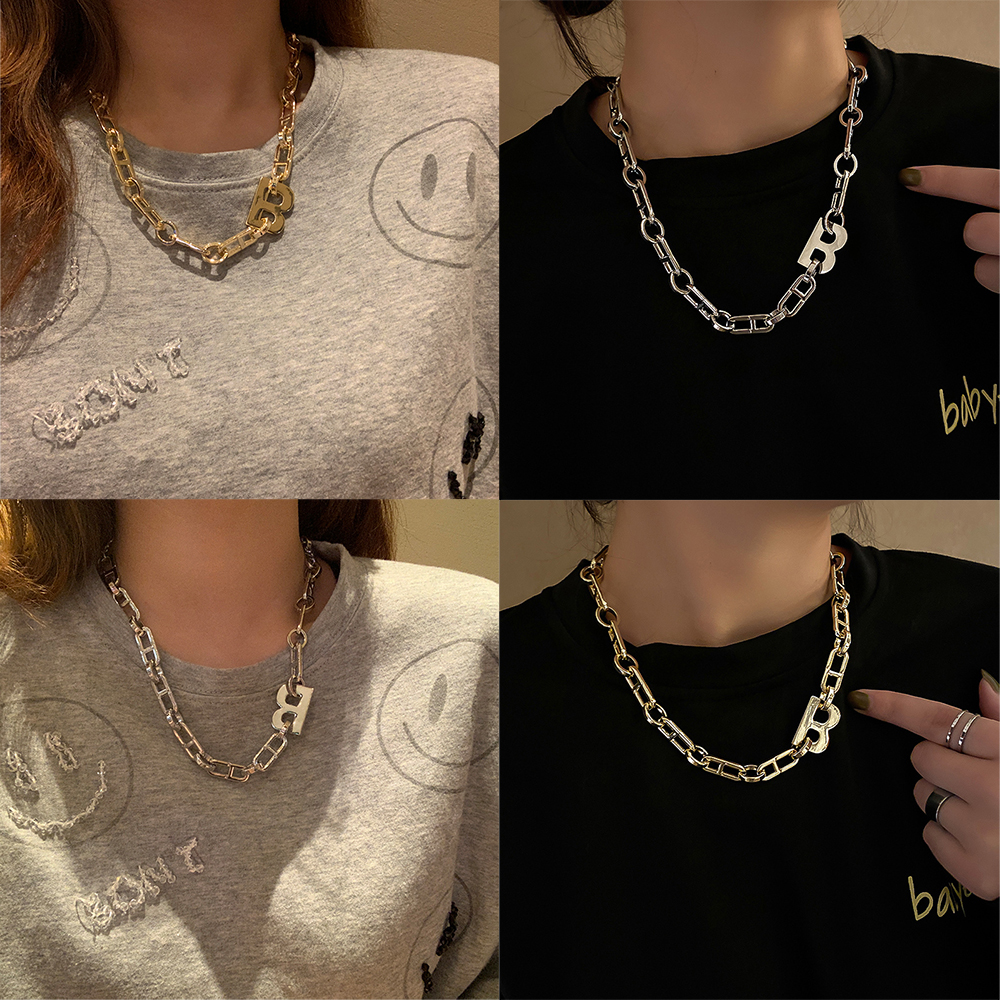 Punk Short Clavicle Chain Necklace Letter B Design Thick Metal Hip Hop Retro Style For Sweater