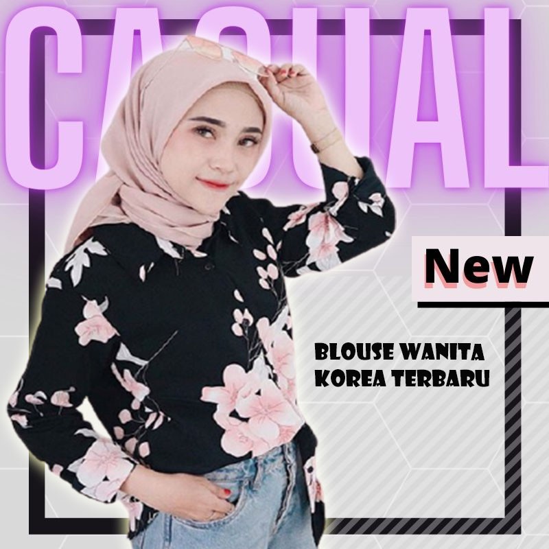 blouse wanita korea motif bunga lengan panjang casual kekinian  terbaru A19