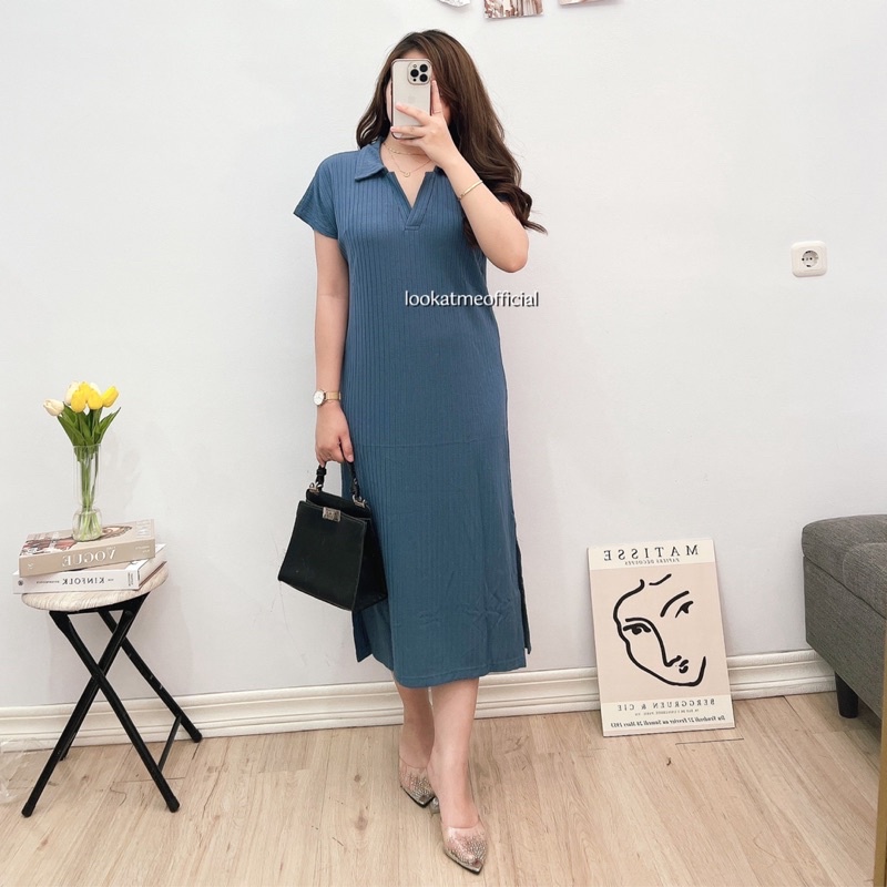 lookatmeofficial • Vivi Midi Knit Dress - Basic Casual Dress Kerah Polo Bahan Knit Premium