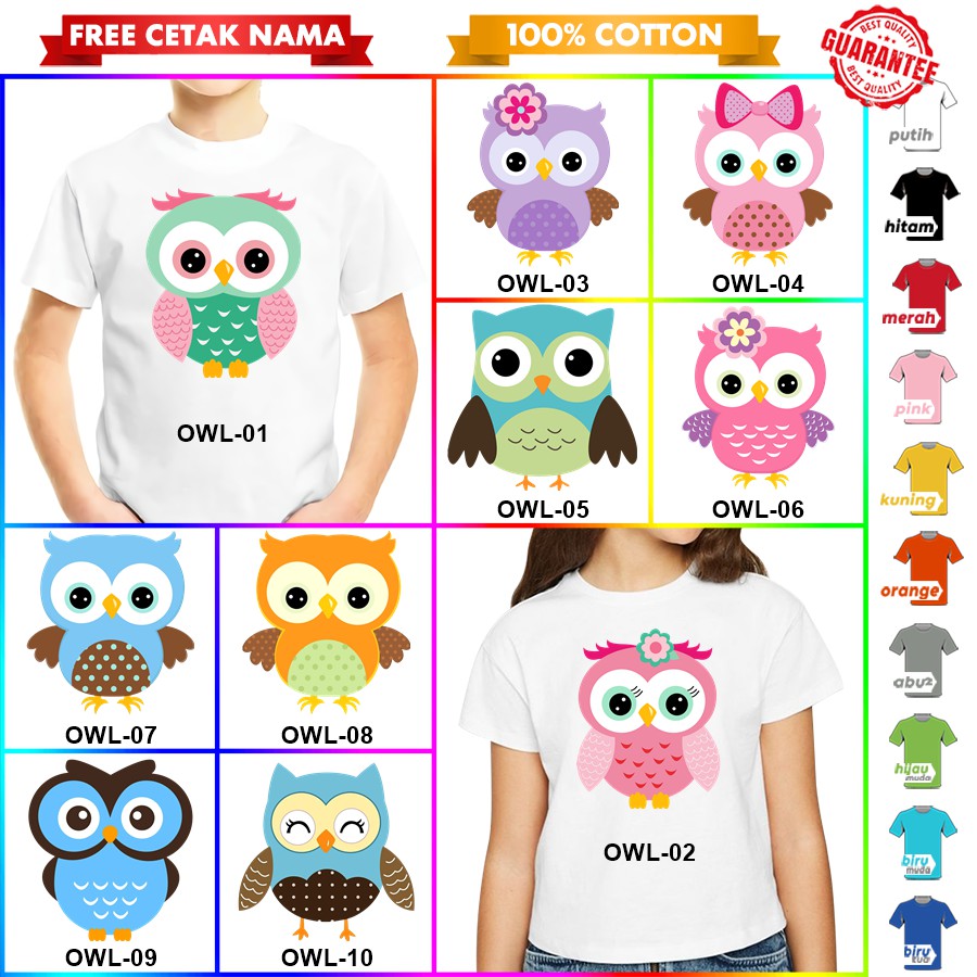 [FREE NAMA!!] Kaos baju COUPLE  ANAK DAN DEWASA BURUNG HANTU OWL BANYAK MOTIF