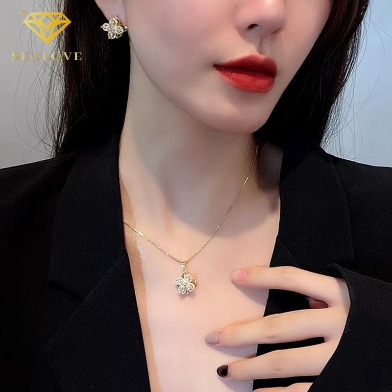 SEALOVE LUXURY CLOVER NECKLACE kalung titanium wanita anti karat berlian mewah Empat daun semanggi liontin Perhiasan Aksesoris