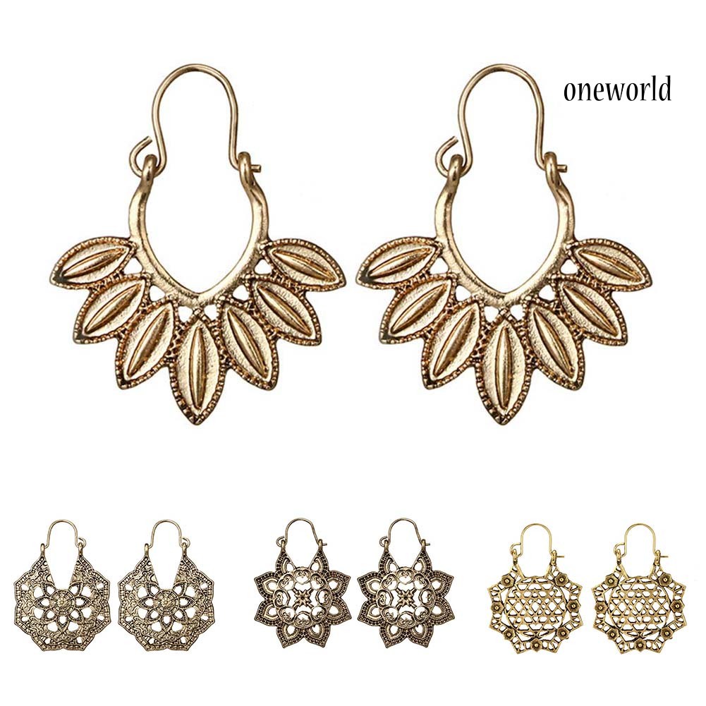 OW@ Bohemian Women Hollow Flower Honeycomb Filigree Hoop Earrings Retro Jewelry Gift