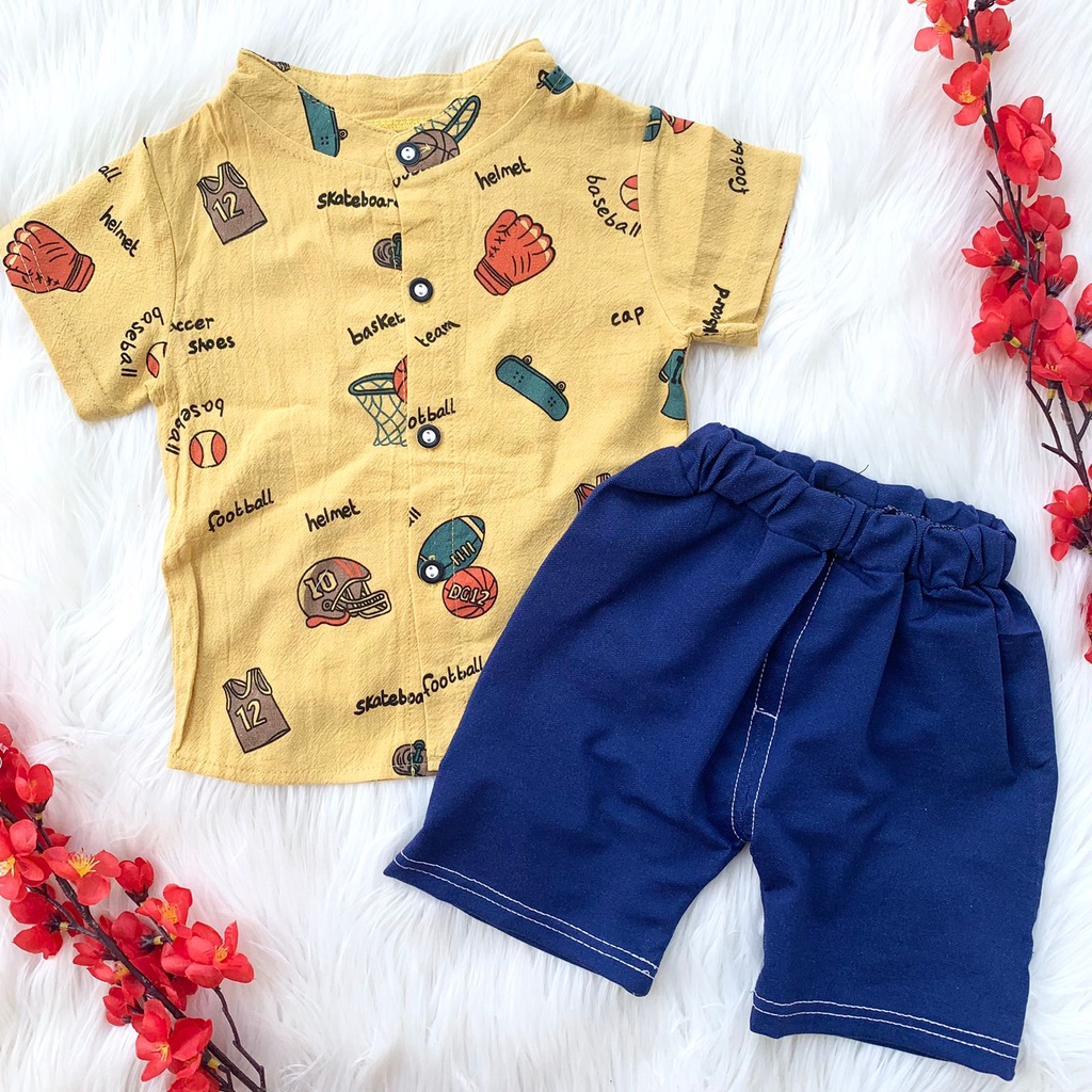 Setelan baju kemeja celana import motif kartun pergi hangout fashion anak bayi cowok laki murah -SPORT