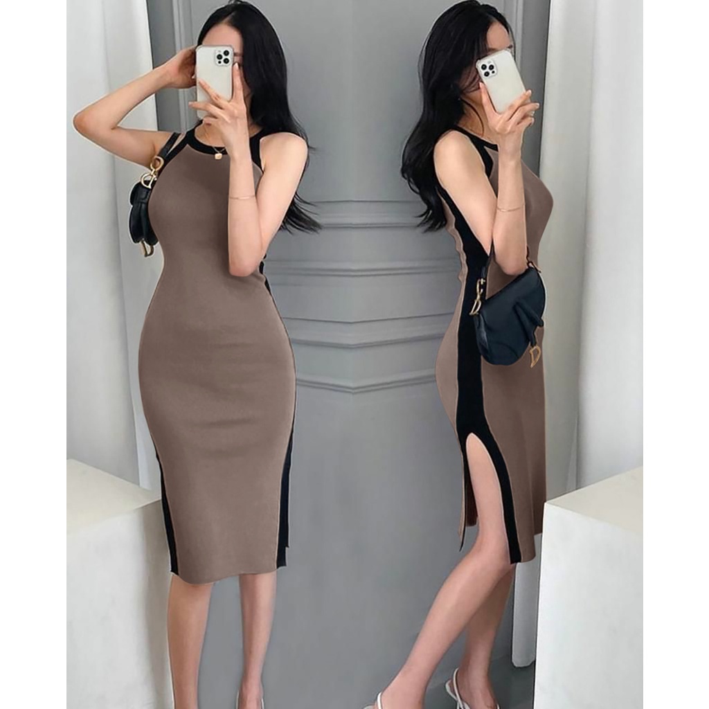 WSE390 - Dress Rajut Sydney Dress Rajut Wanita Dress Rajut Two-tone Sexy Tanpa Lengan UK Fit L To XL LD 100 CM - 110 CM PJ 110 CM PREMIUM QUALITY