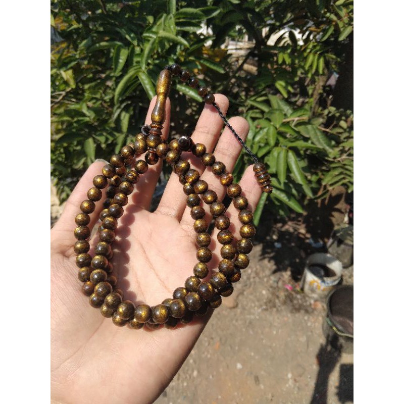 Tasbih akar bahar tali arus dim 6mm isi 99 butir warna serat kuning emas murah berkualitas