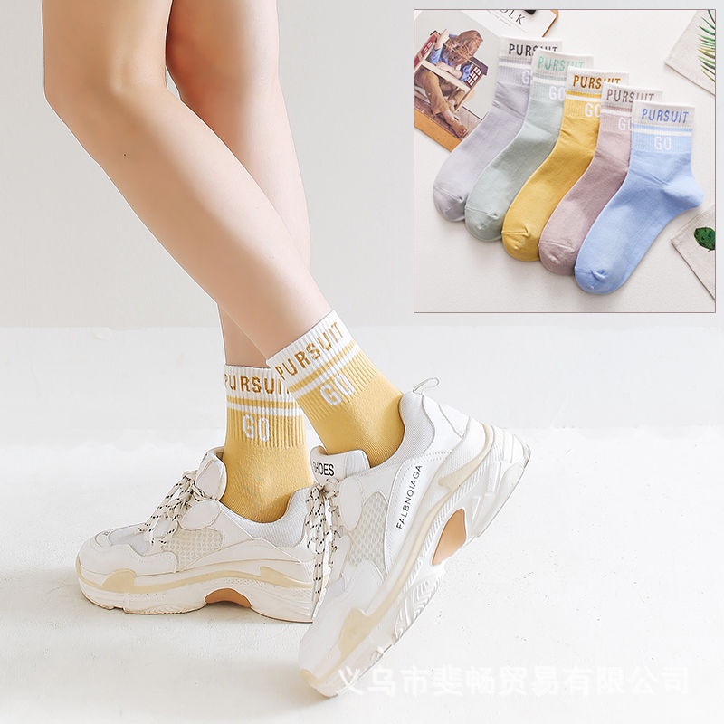 𝗘𝗕𝗦 ✅ KK015 Kaos Kaki (Tanpa Kemasan) Wanita Panjang Diatas Mata Kaki Motif Go Pursuit Fashion Korea Women Sock Import Murah