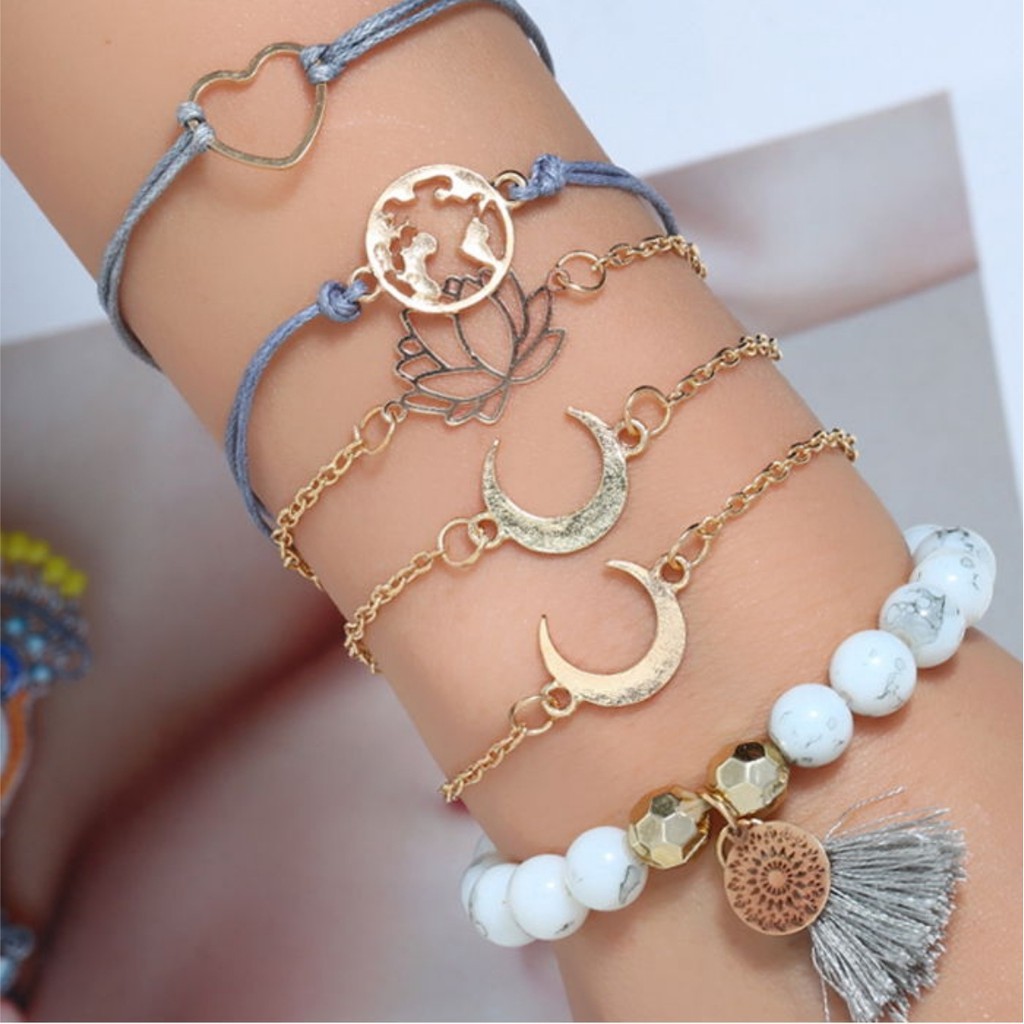 Gelang Korea Lotus World Map Cross Tassel Gold