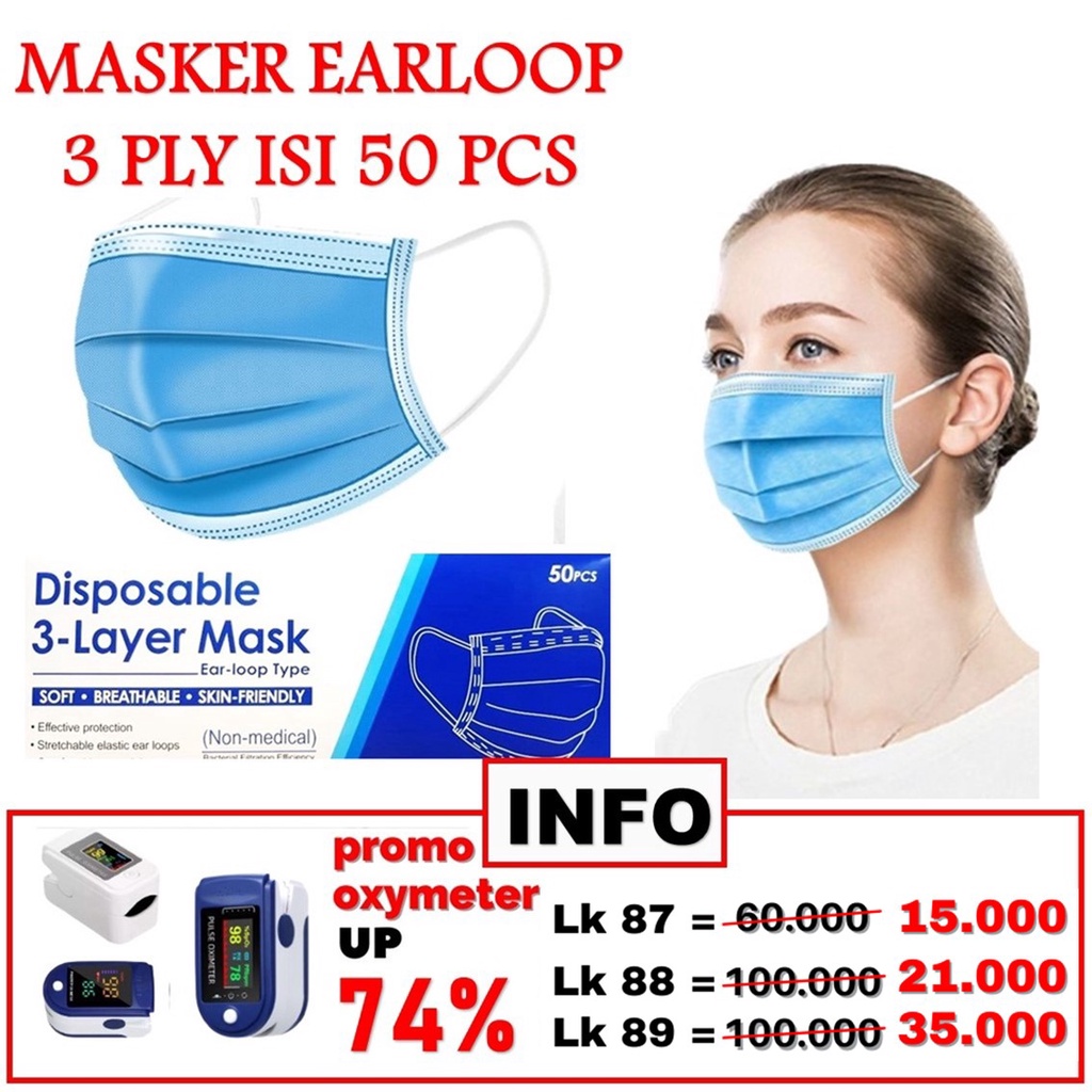 HC Masker Earloop Warna Warni 3Ply Masker Disposable 50 Pcs Facemask Kesehatan 3 Ply Kemasan Box-HC6781 BIRU PROMO
