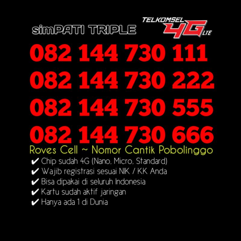 NOMOR CANTIK TELKOMSEL 4G LTE HOKY TRIPLE EKOR 111 222 333 444 555 666 777 HOKI SIMPATI JADUL