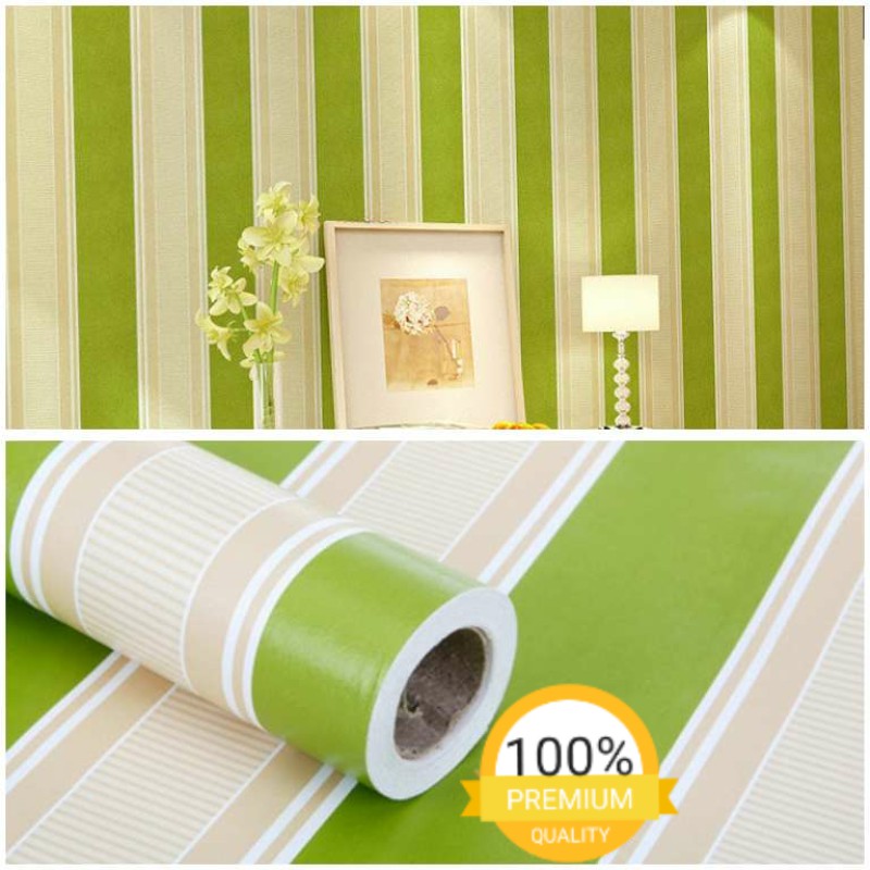 Wallpaper Wall Stiker Dinding Motif Salur Hijau Garis Bahan PVC Self Adhesive Ukuran 10m X 45cm