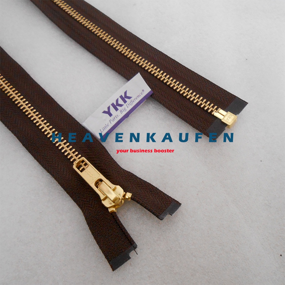 Resleting Zipper Jaket YKK 70 cm Atau 28 inch Type Gigi Besi Warna Coklat - Gold Emas Set Open-End Buka-Lepas