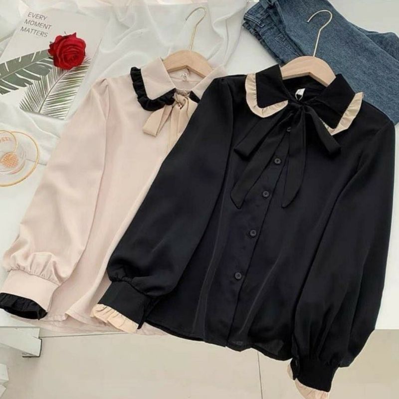 Kemeja Hitam Polos Wanita Jumbo MICHIKO BLOUSE S M L XL XXL 3XL 5L Atasan Kemeja Blouse Wanita Korean Style Oversize