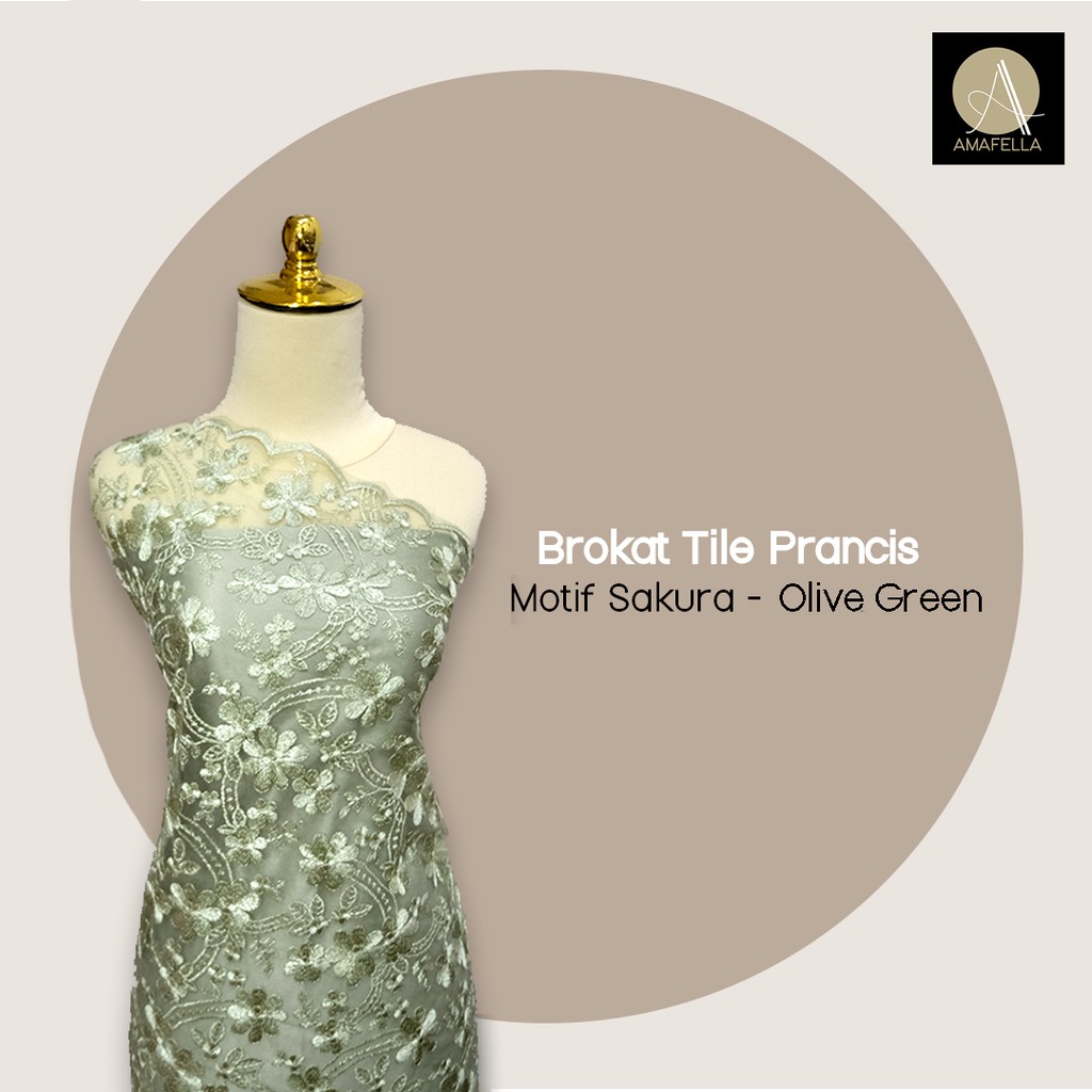 1/2 meter Kain Brokat Tile Prancis Bahan Kebaya Motif Sakura Warna Olive Green