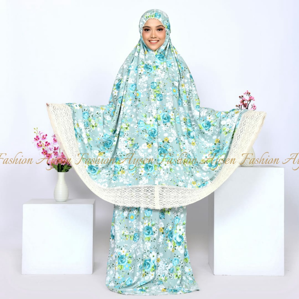 Mukena Dewasa Jumbo Katun Motif Aplikasi Renda Rajut