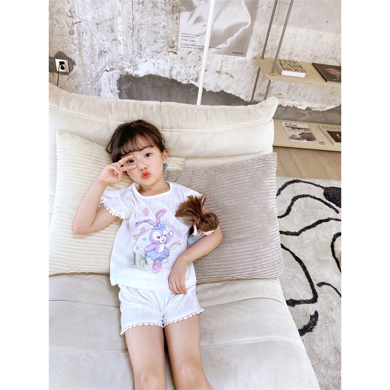 Baju Piyama Anak Perempuan Balita 1-10 Tahun Pakaian Tidur Lengan Pendek Renda Motif Kelinci Rabbit Lucu Bahan Katun Adem Lembut Set Pakaian Rumah