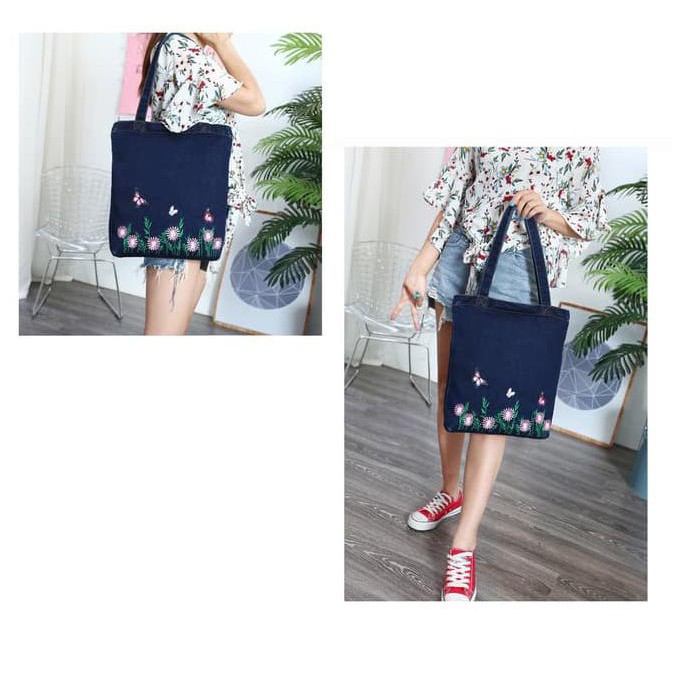 TJ02 JEAN TOTE FLOWER BUNGA / TAS SELEMPANG - DARK BLUE CODE