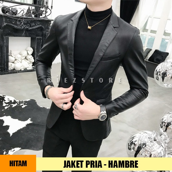RZS x HAMBRE - Jas Blazer Slim Fit Pria Casual Bahan Kulit Sintetis Viena Blezer Office Looks Jaket 