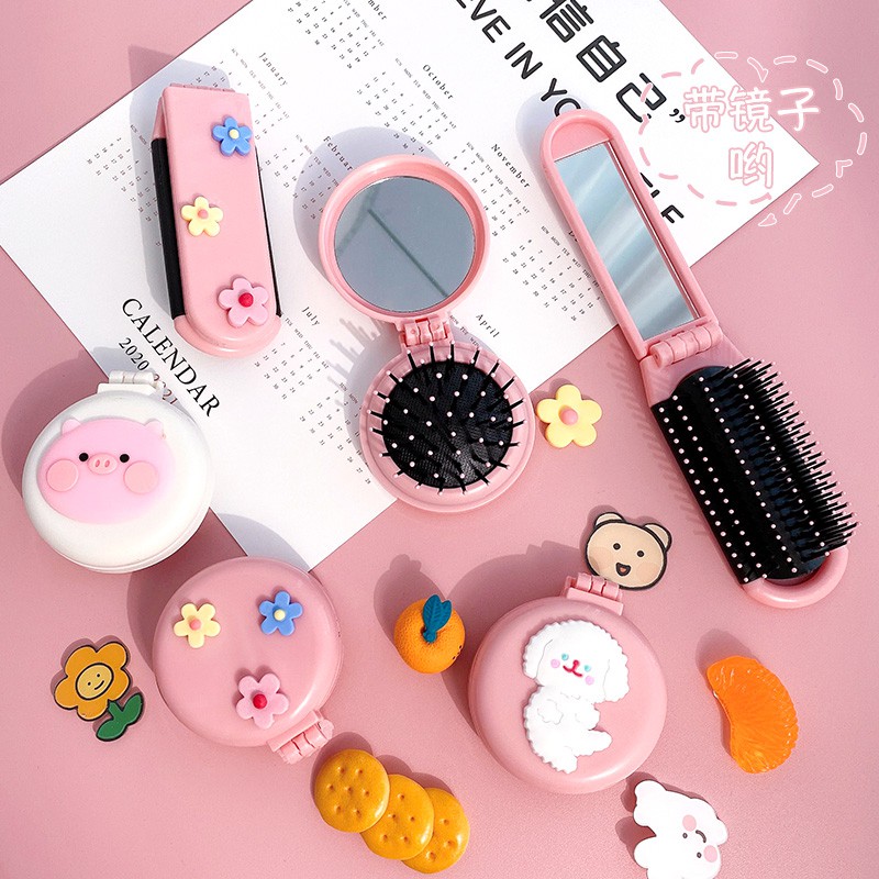 HOVELSHOP Cermin Kaca Lipat Sisir Rambut Make Up Mini Model Lucu