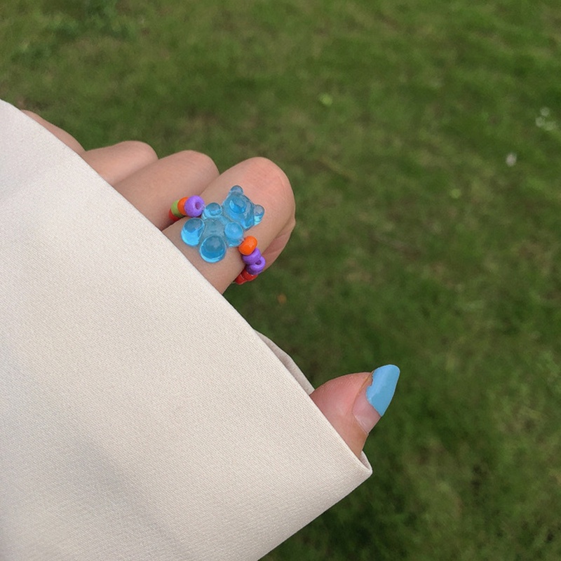 Cincin Jari Telunjuk Elastis Handmade Desain Beruang Warna Permen