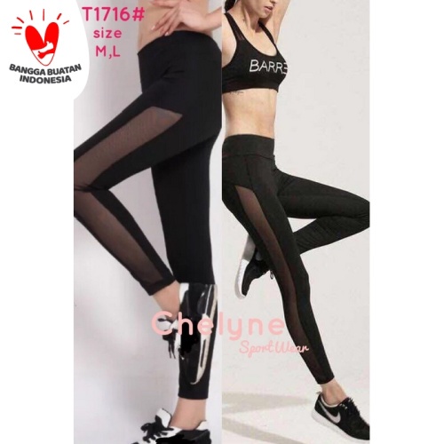 Celana Sport Panjang Tile Samping / Celana Legging Olahraga Jaring Samping Transparan Size M L T1716