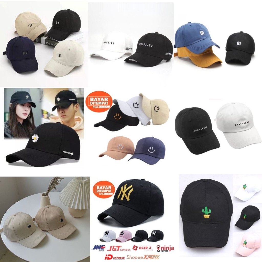 Topi Baseball Pria Wanita Dewasa Bordir / Smiley / Huruf M / Garis Tiga / Raclusive / Bunga Daisy / Challange / Hello Kualitas Premium Distro