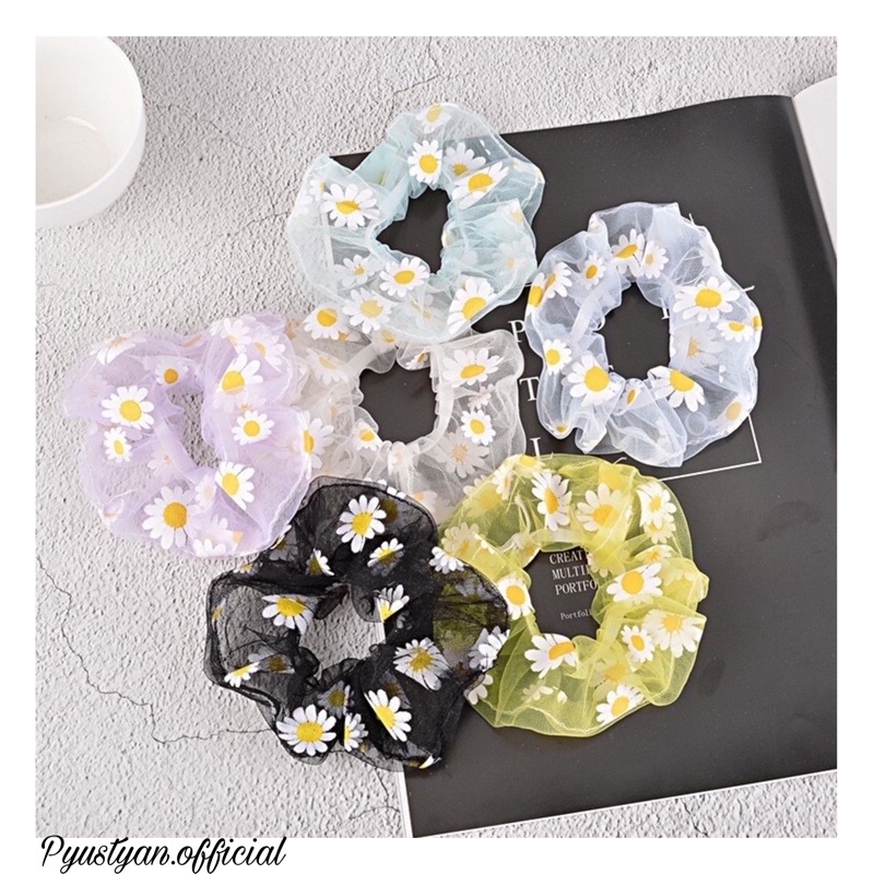 Scrunchie ikat rambut korea import daisy flower