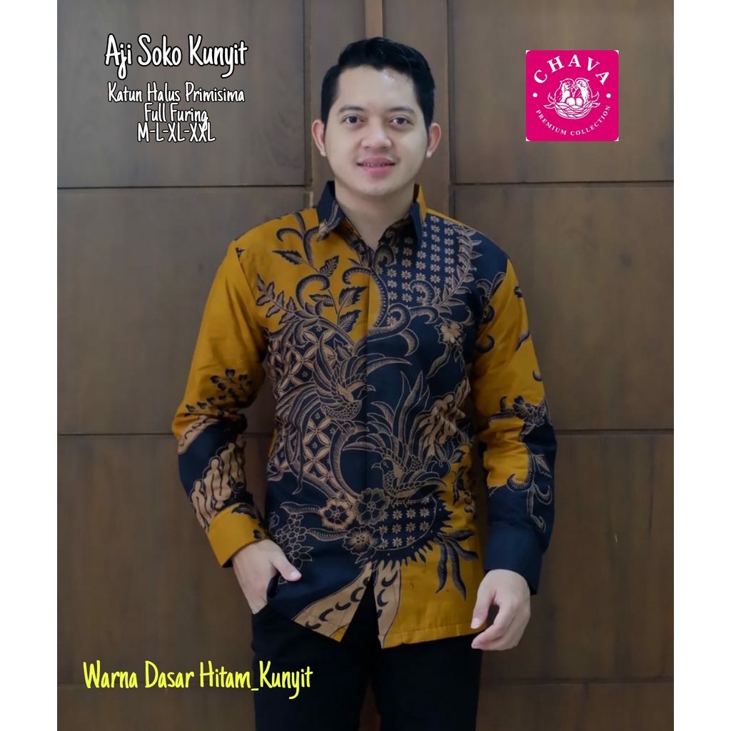 Kemeja Batik Pria Terbaru Baju Batik Warna Kuning Kunyit Batik Pria Lapis Furing Aji Soko Kunyit