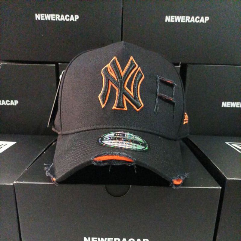(PROMO TOPI PREMIUM) NY Damage Hitam List Orange / Topi Premium / 9Forty A Frame (BISA COD)