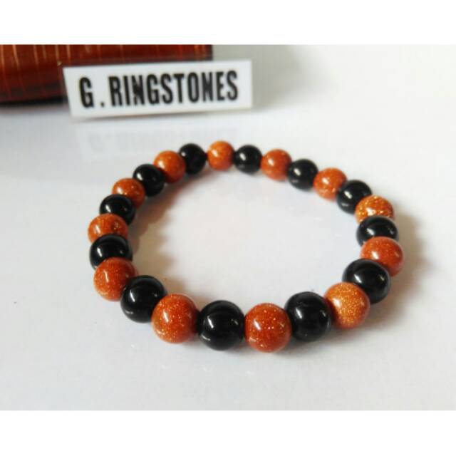 Gelang batu kombinasi pasir emas dan giok hitam tali elastis /flexibel