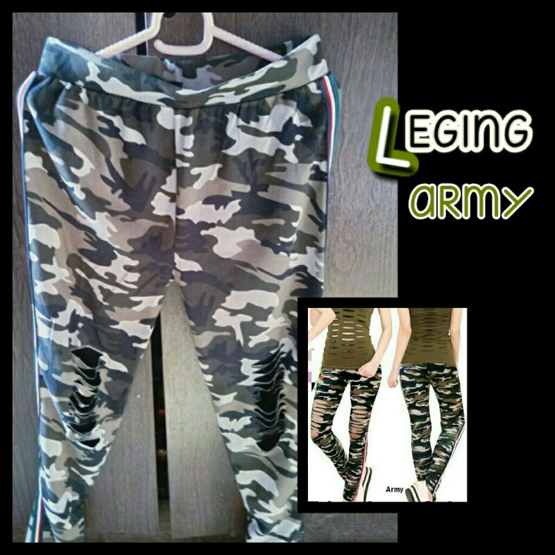 Thrift Leging Legging Celana Panjang Bawahan Sport Olahraga Wanita Woman Cewek Motif Army Lutut Sobe