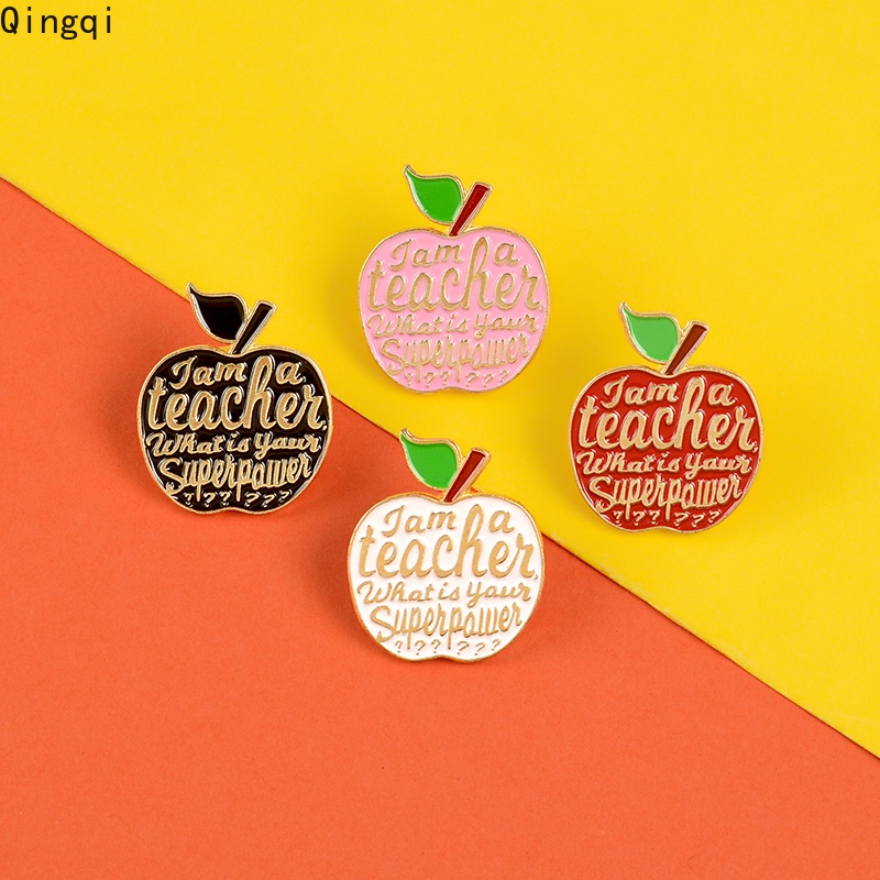 Bros Pin Enamel Desain Kartun Buah Apel Merah Muda Tulisan I Am A Teacher