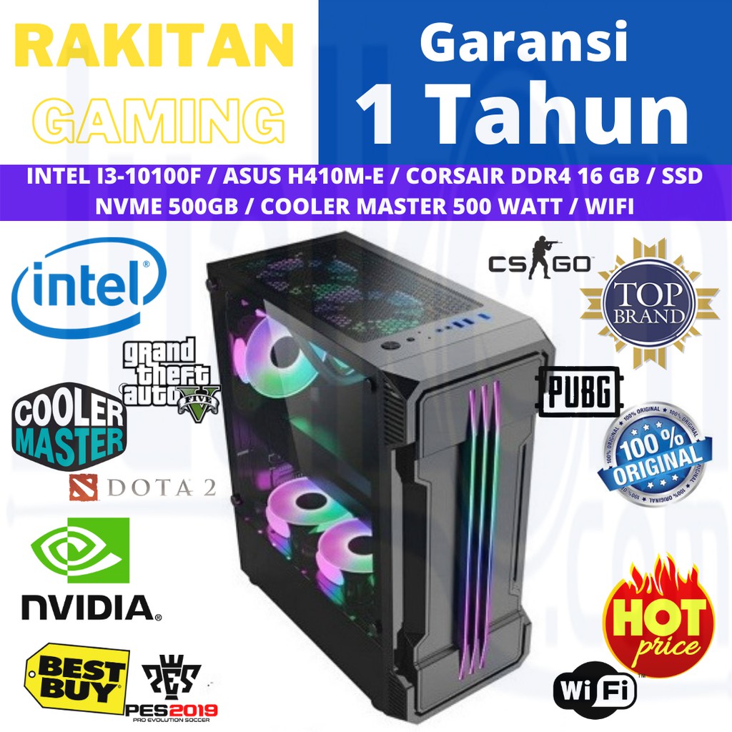 PC RAKITAN Gaming Intel Core i3 10100F 16GB SSD 500GB NVMe