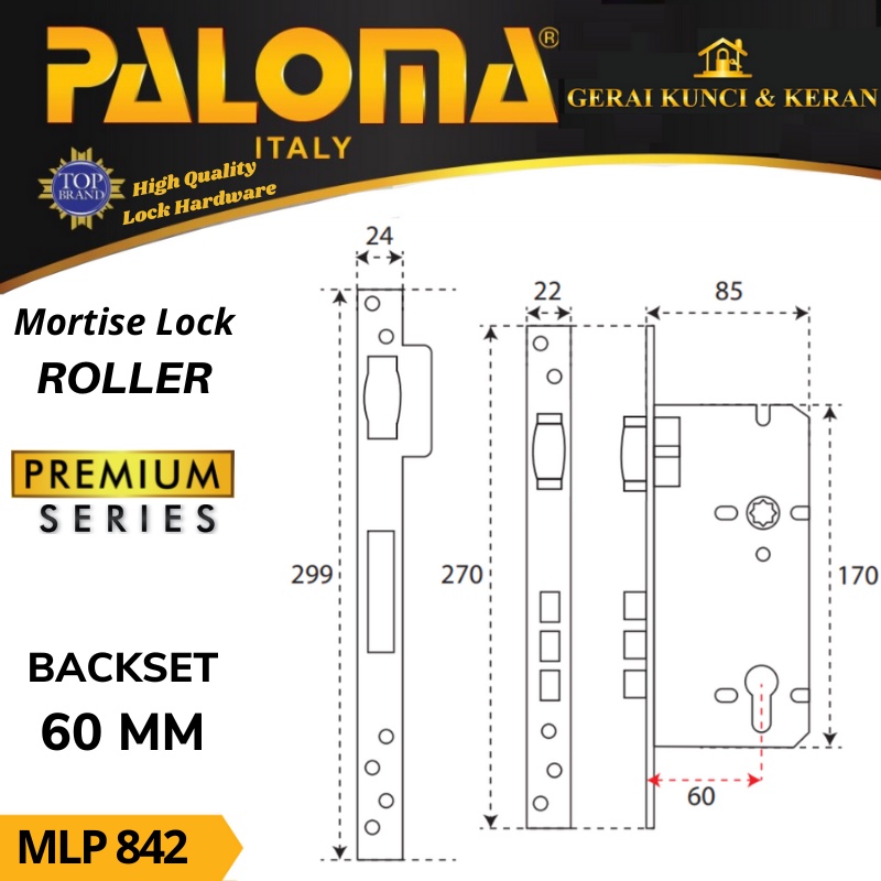 BODY KUNCI  PELOR PALOMA 60 MM MLP 842 STAINLESS STEEL SUS 316 MORTISE LOCK PREMIUM ROLLER