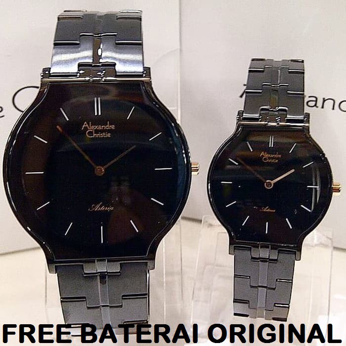 [Free Baterai] JAM TANGAN COUPLE ALEXANDRE CHRISTIE AC 8603 FULL BLACK HARGA SEPASANG ORIGINAL GARAN
