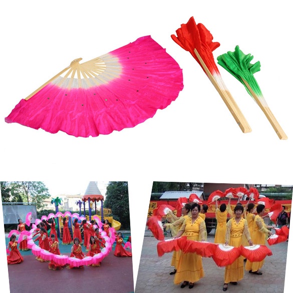 Colorful  Silk Veil  Folk Art Chinese Belly Dance Dancing Bamboo Short Fan