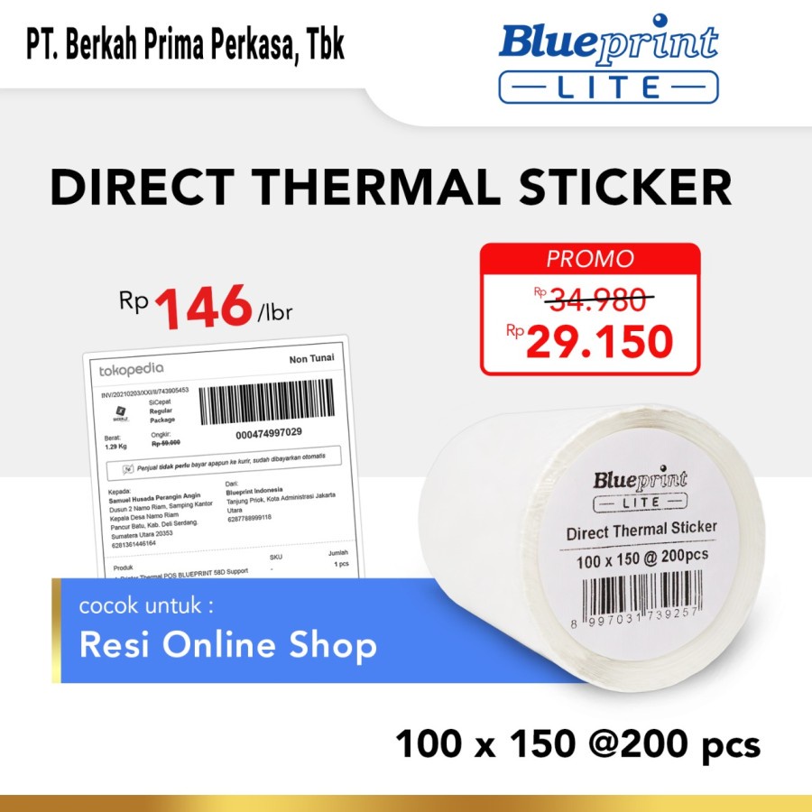 

BLUEPRINT DIRECT THERMAL / STICKER LABEL / RESI 100x150mm 200Pcs TD110