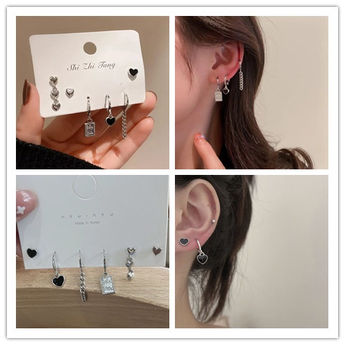 6pcs / set Anting Tusuk Bandul Hati mini Warna Hitam Untuk Wanita