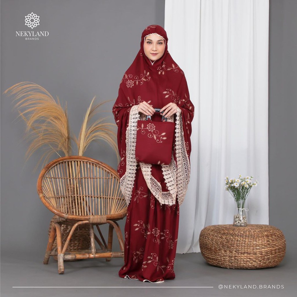 Mukena Cantik Elegan ALFINA SERIES MAROON | Mukena Dewasa Motif Bordir Renda PREMIUM | Mukena Renda