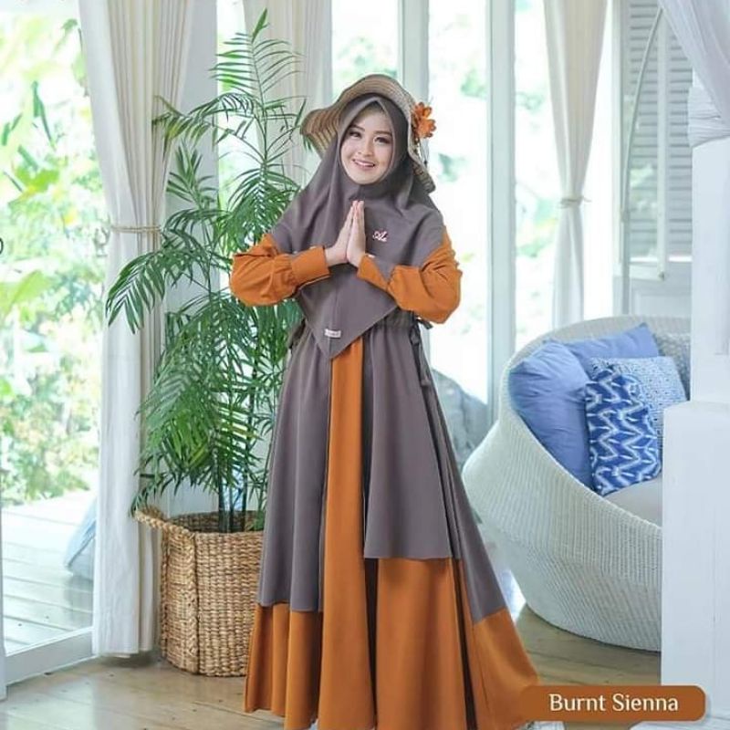 Arumi Dress Set Khimar By Aden Gamis Branded Outer 2 Layer Busui Friendly Tali Pinggang Serut
