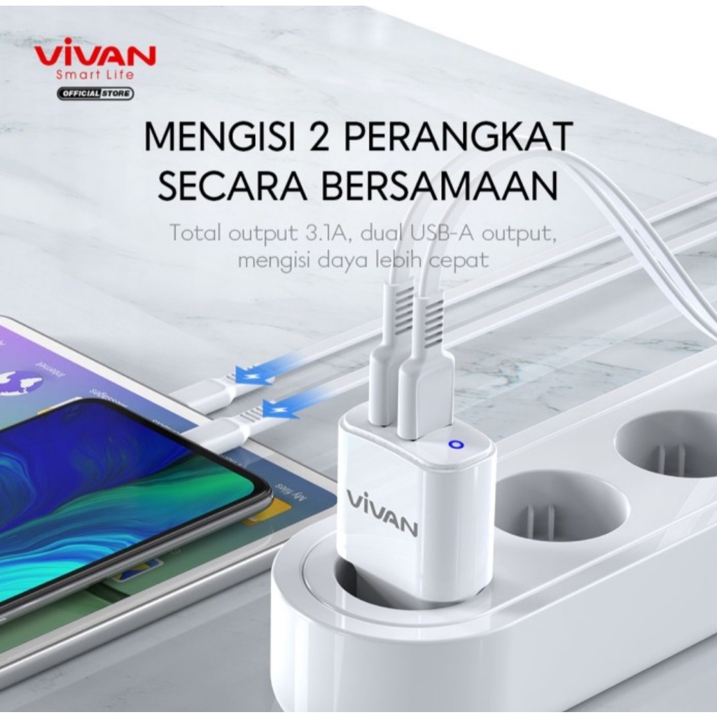 VIVAN VP01 Charger Dual Output USB Quick Charging 3.1A with Cable micrp usb kabel