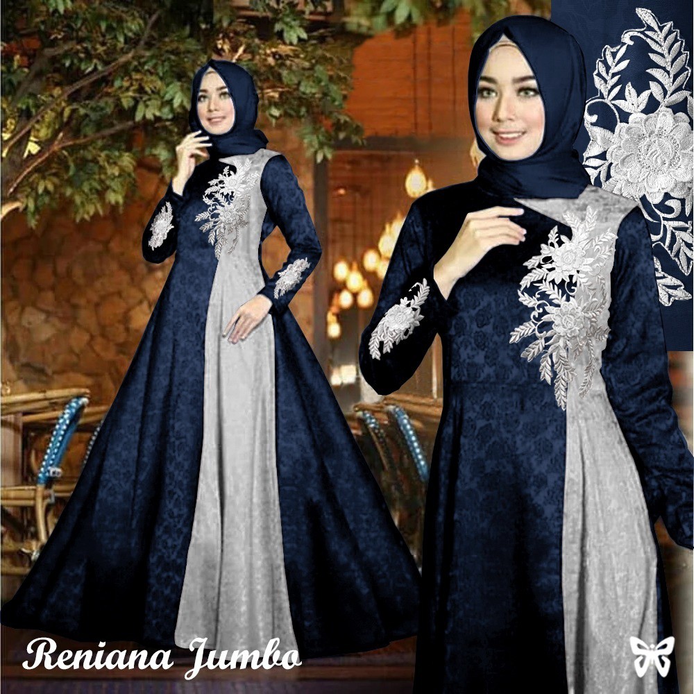 Maxi Gamis Pesta RENIANA L - 5XL Baloteli Emboss Motif Bordir Bunga Mewah Terbaru-Navy Abu