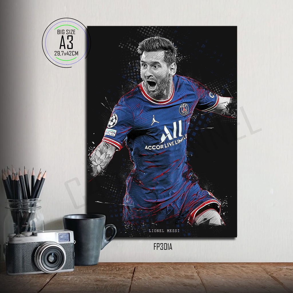 Poster Kayu LIONEL MESSI Hiasan Dinding Bahan MDF Ukuran Besar A3 Walldecor Sport Cafe Sepakbola Paj