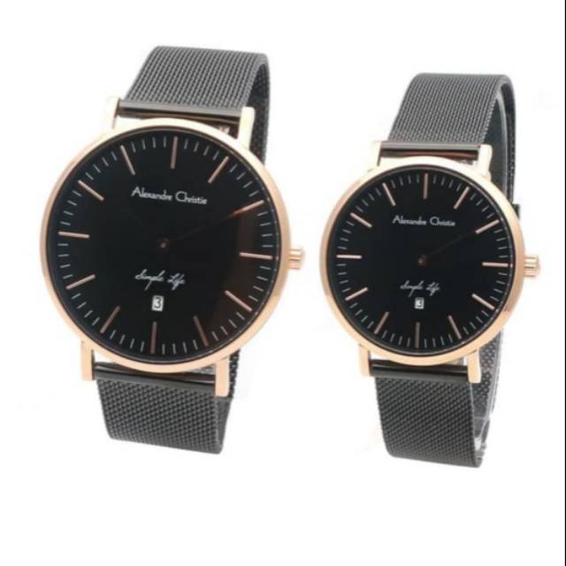 Jam Tangan Alexandre Christie 8566 Couple Black RoseGold Original